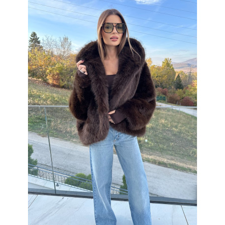 Kapucnis műszőrme kabát (csokibarna)