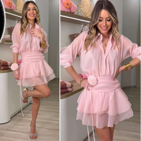 Fodros rózsadíszes ruha (rózsaszín)