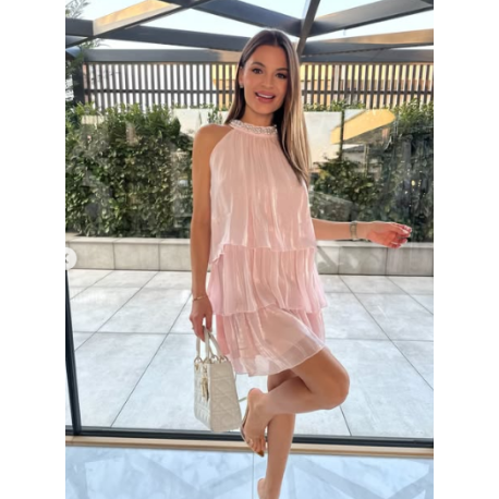 Gyöngyös nyakú fodros szatén ruha (rózsaszín)