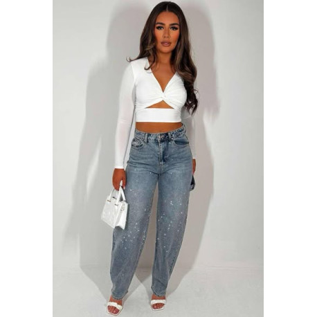 Magas derekú strasszos, ballon fazonú farmer nadrág