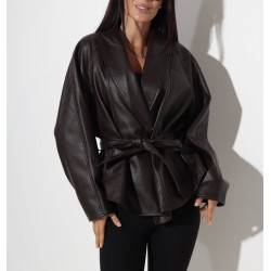 Galléros műbőr kabát (csokibarna)